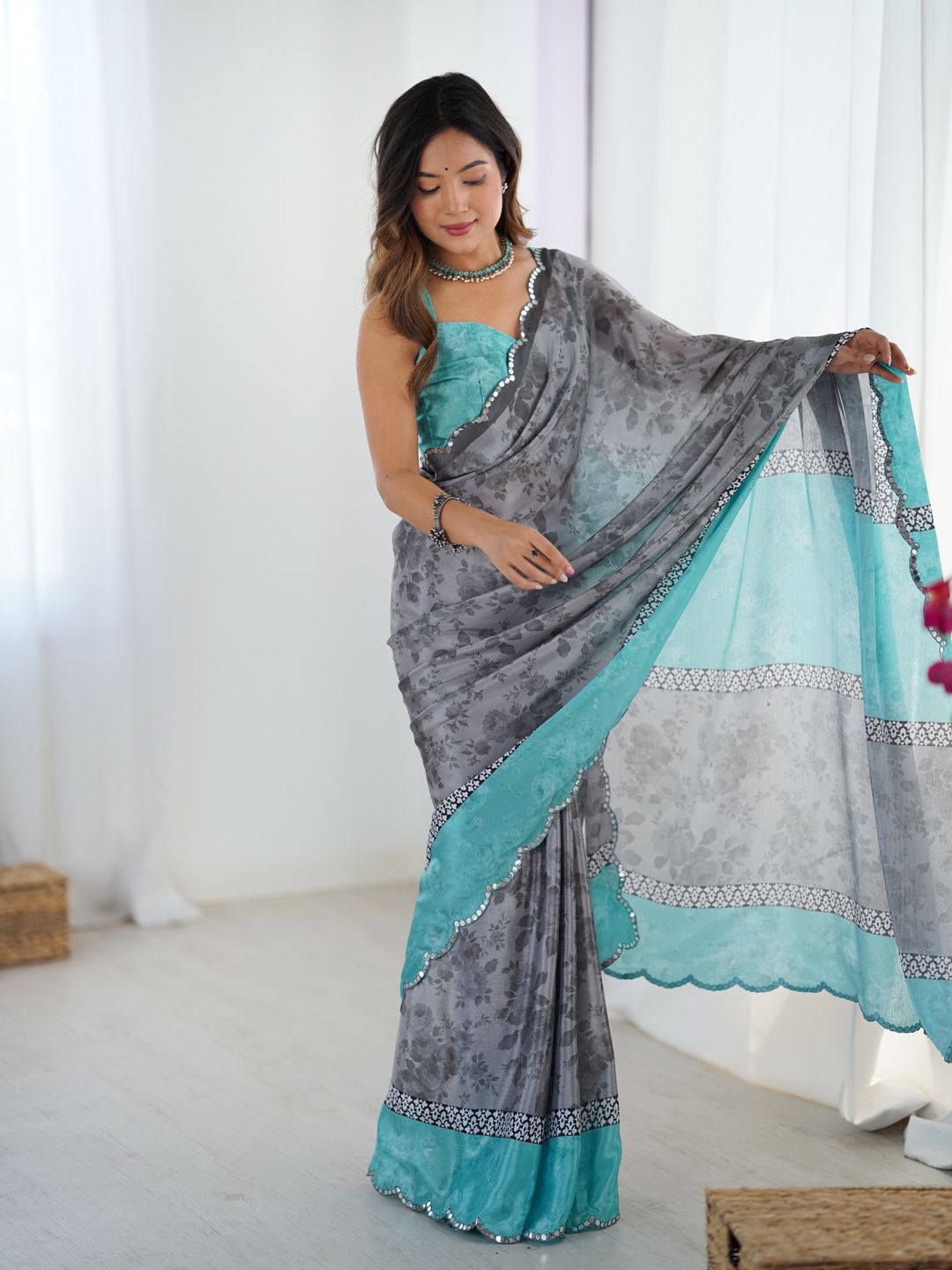 Grey Blue Designer Chinon Saree for Women