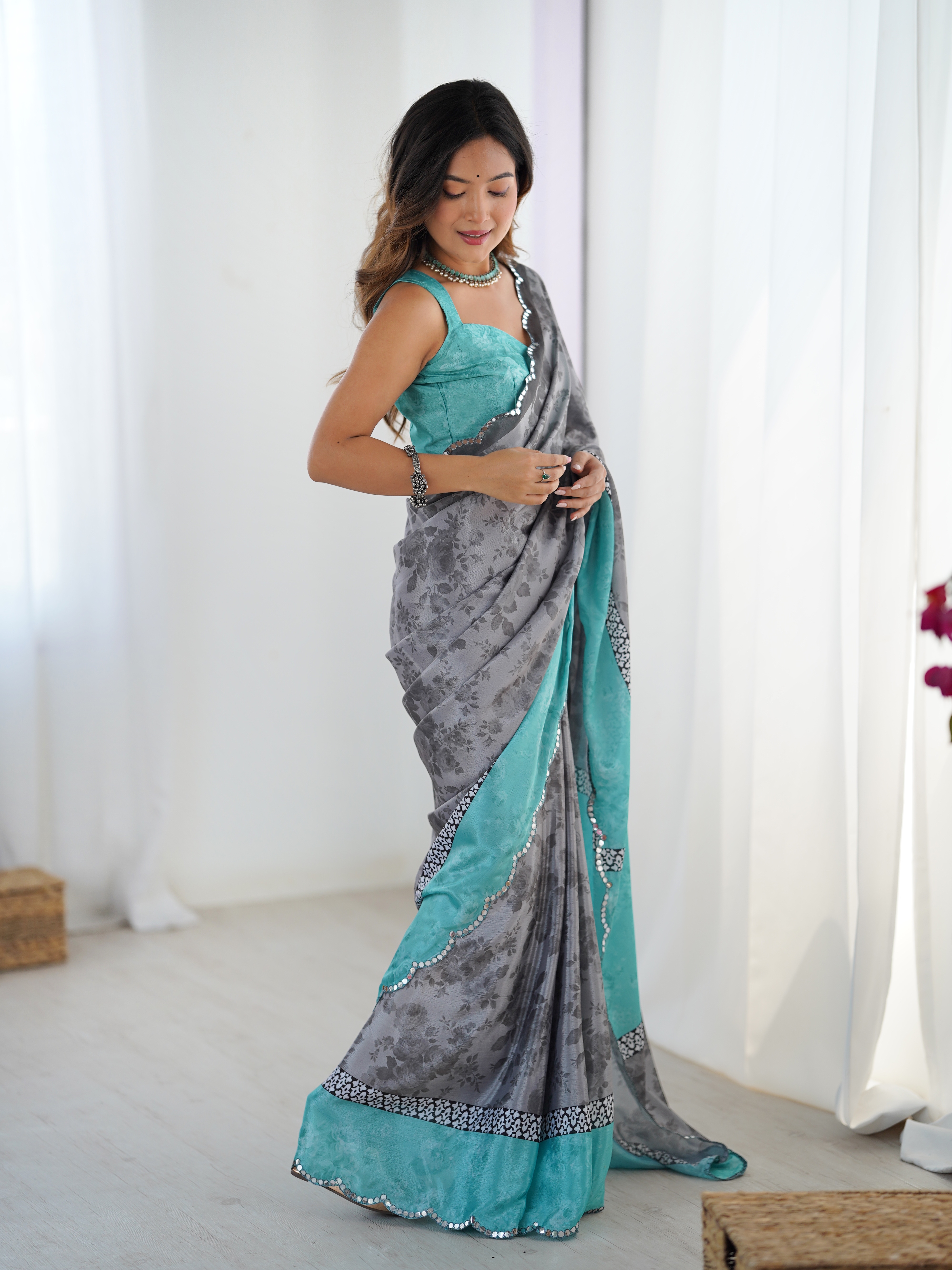 Grey Blue Designer Chinon Saree for Women