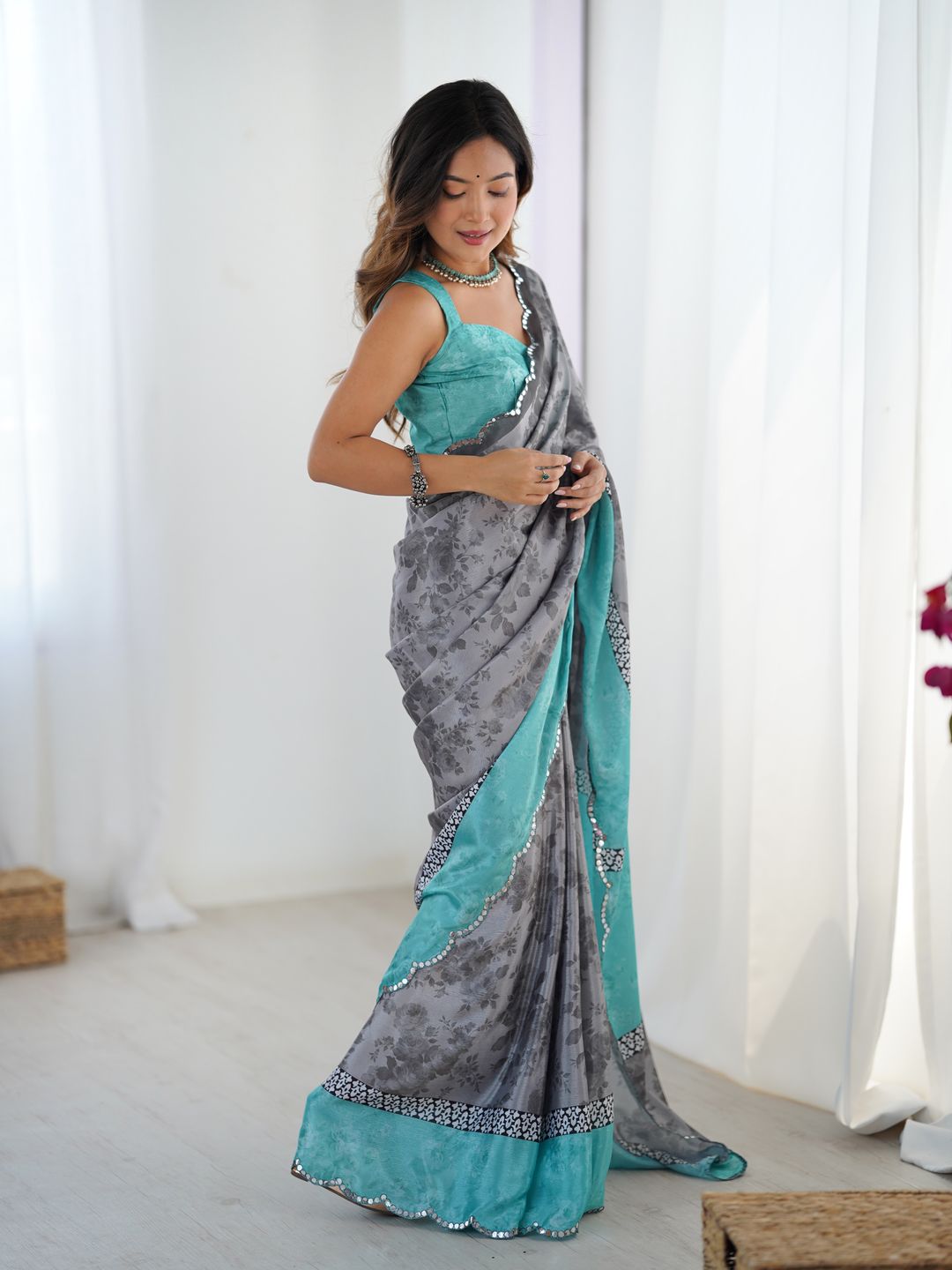 Grey Blue Designer Chinon Saree for Women