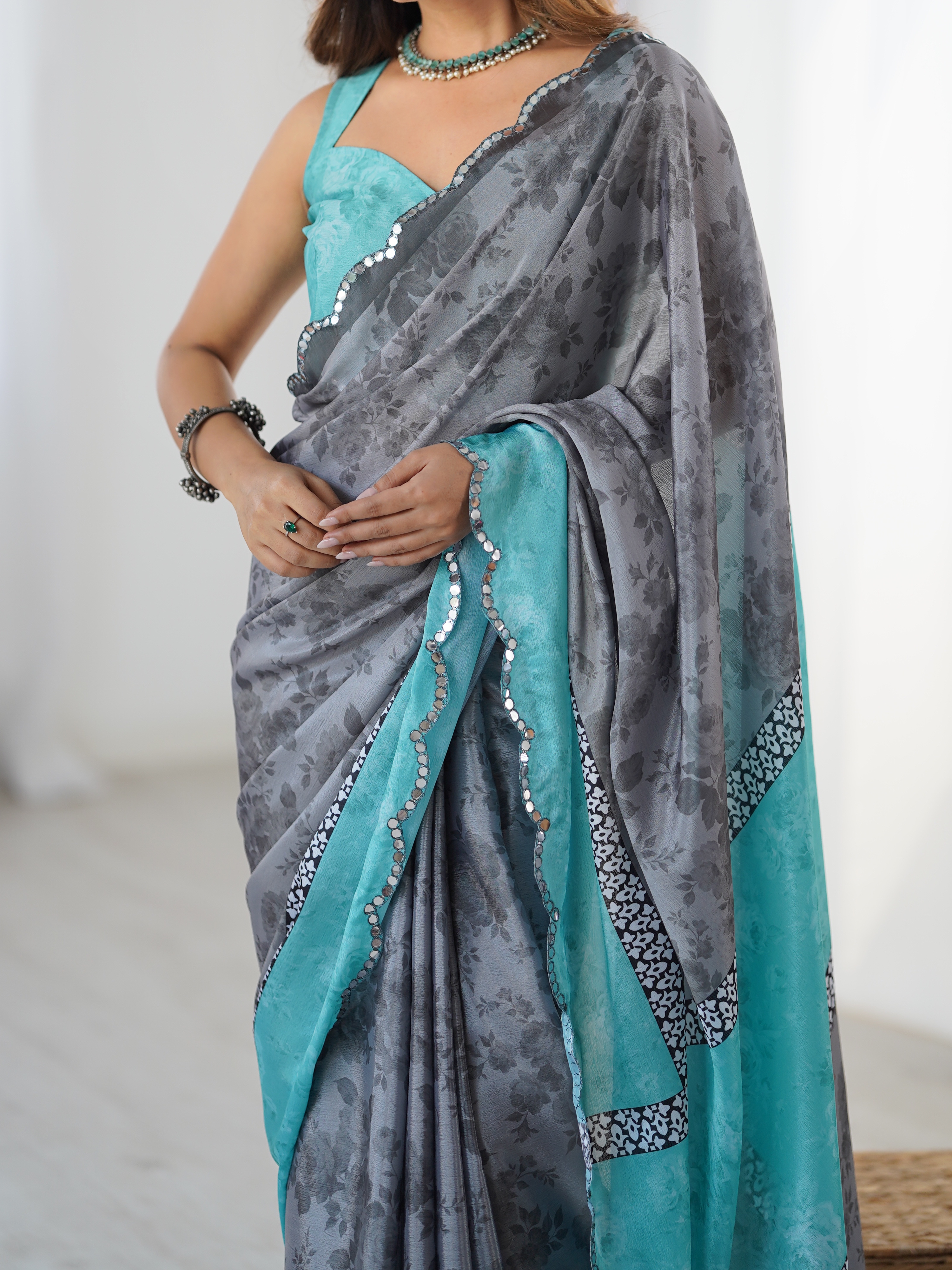 Grey Blue Designer Chinon Saree for Women