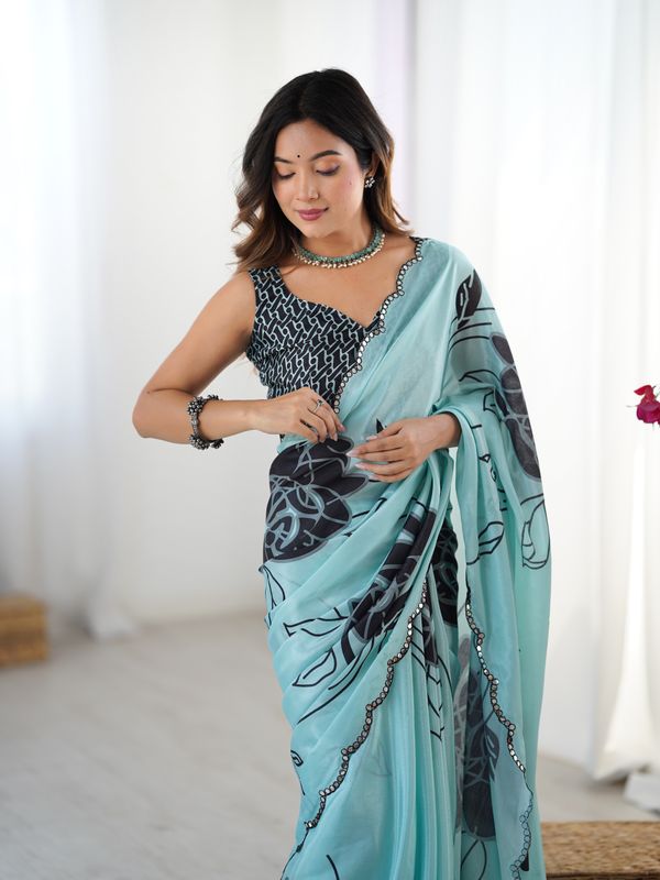 Elegant Mint Green Chinon Saree with Blouse