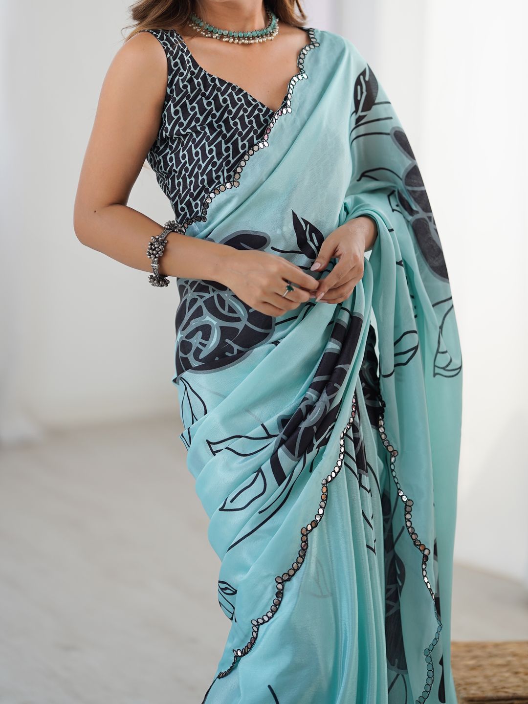 Elegant Mint Green Chinon Saree with Blouse