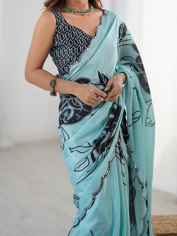 Elegant Mint Green Chinon Saree with Blouse