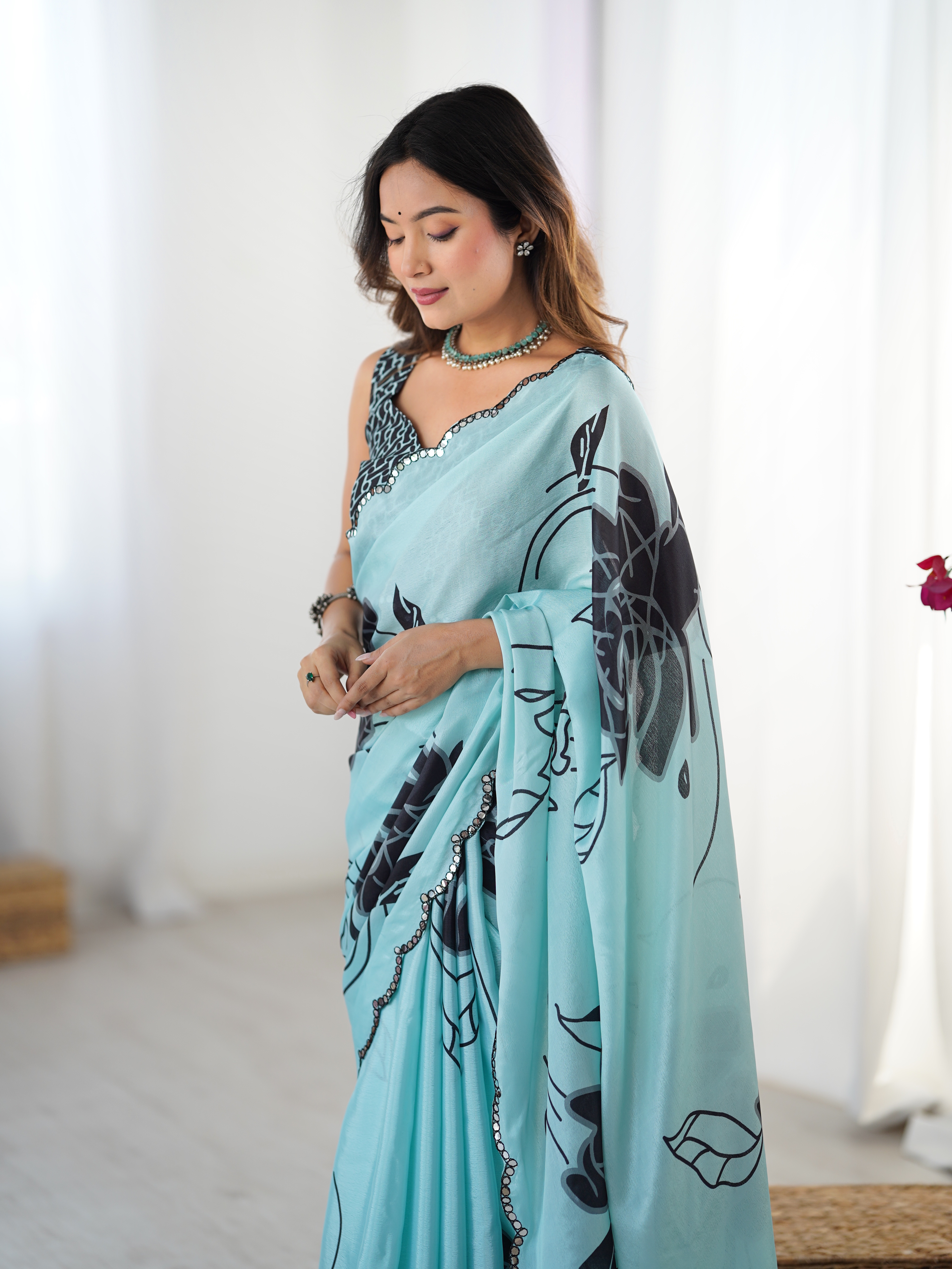 Elegant Mint Green Chinon Saree with Blouse
