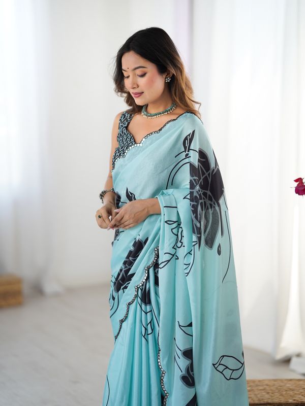 Elegant Mint Green Chinon Saree with Blouse