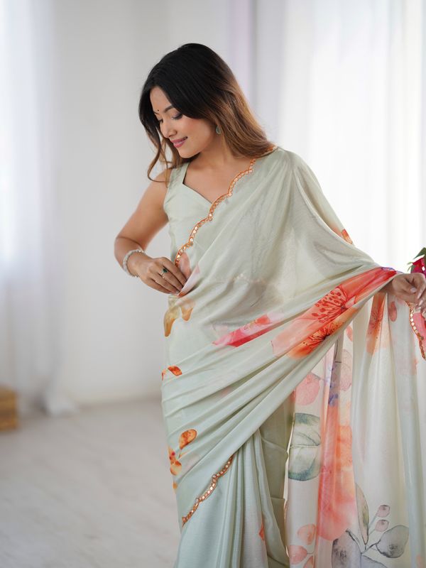Sage Green Designer Printed Saree for Women