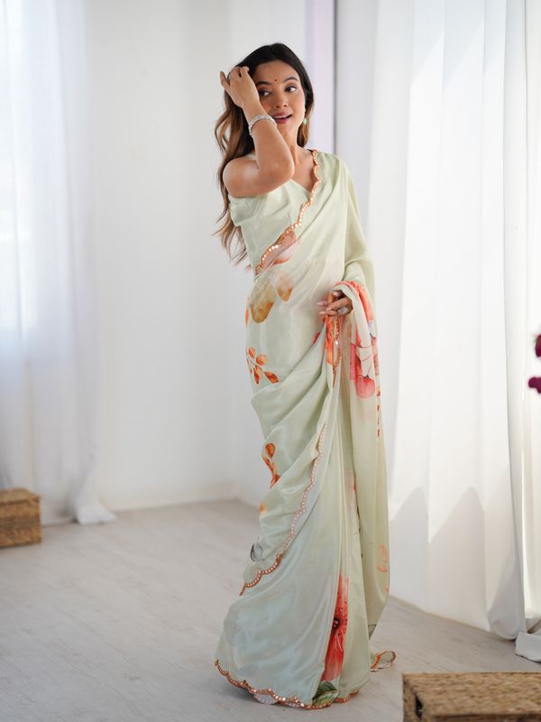 Sage Green Designer Printed Saree for Women