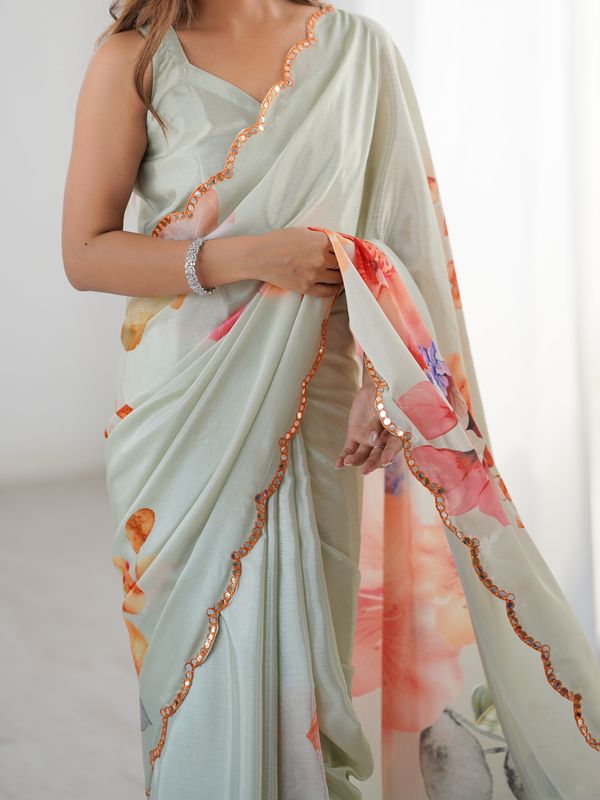 Sage Green Designer Printed Saree for Women