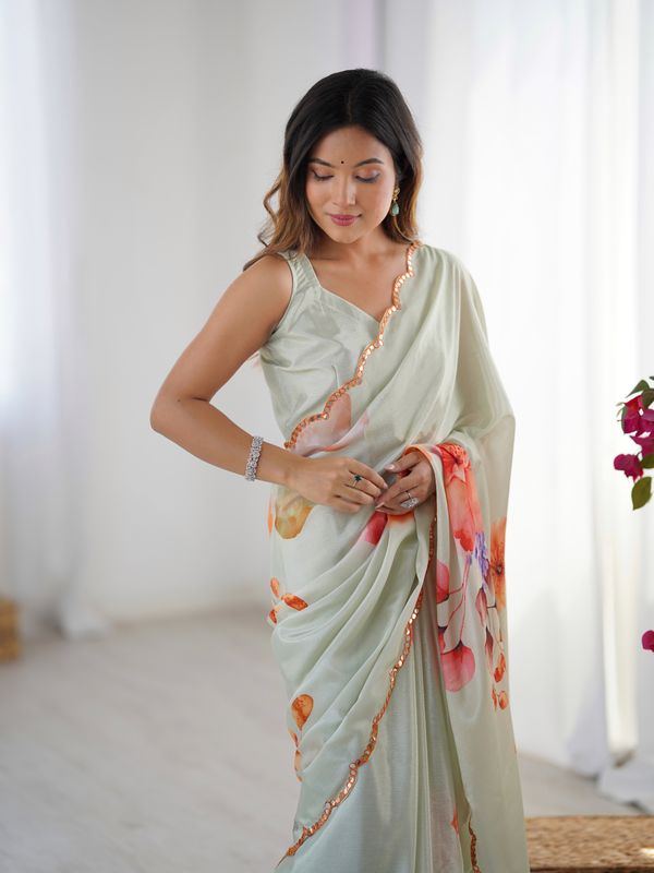 Sage Green Designer Printed Saree for Women