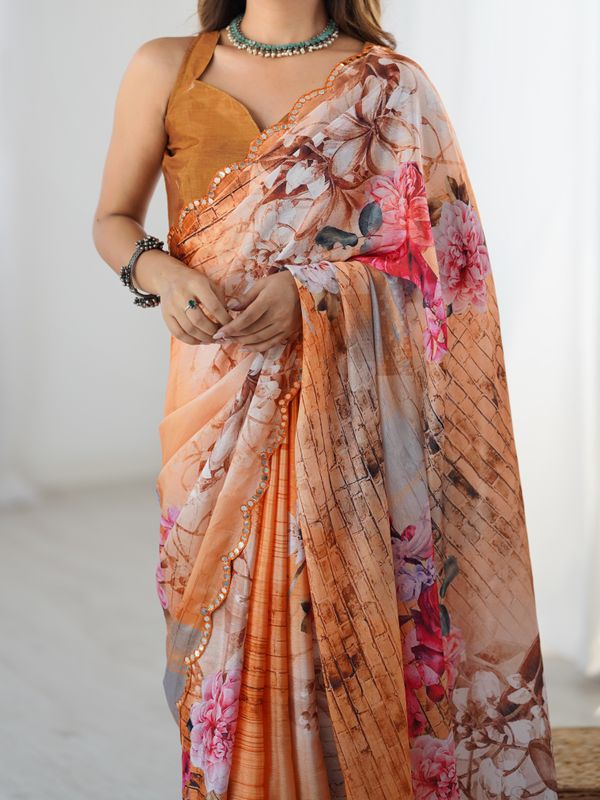 Peach Garden Floral Saree In Heavy Chinnon With Mirror Work