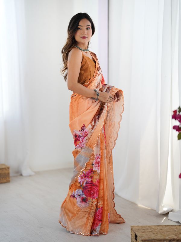 Peach Garden Floral Saree in Heavy Chinnon with Mirror Work