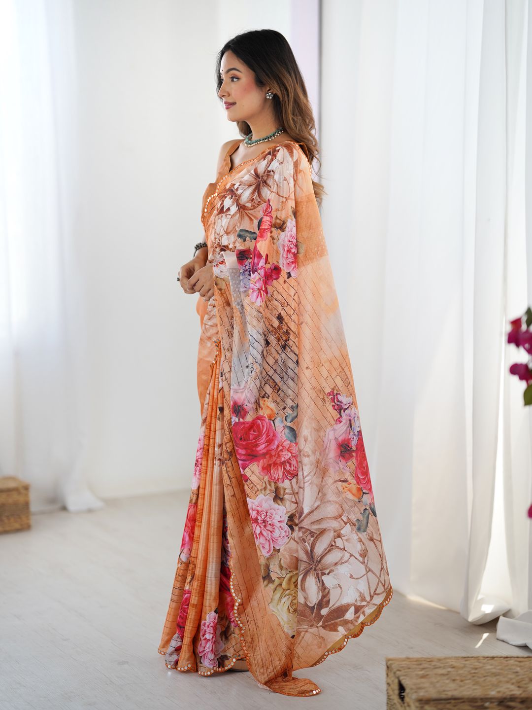 Peach Garden Floral Saree in Heavy Chinnon with Mirror Work