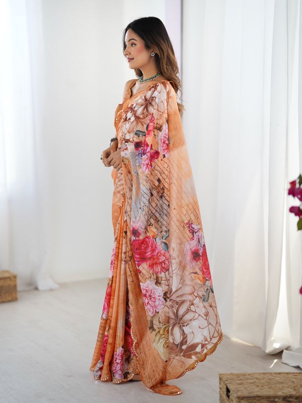 Peach Garden Floral Saree in Heavy Chinnon with Mirror Work