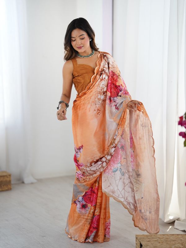Peach Garden Floral Saree in Heavy Chinnon with Mirror Work