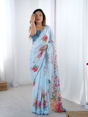 Sky Blue Party Wear Chinnon Saree with Mirror Border - Sky Blue