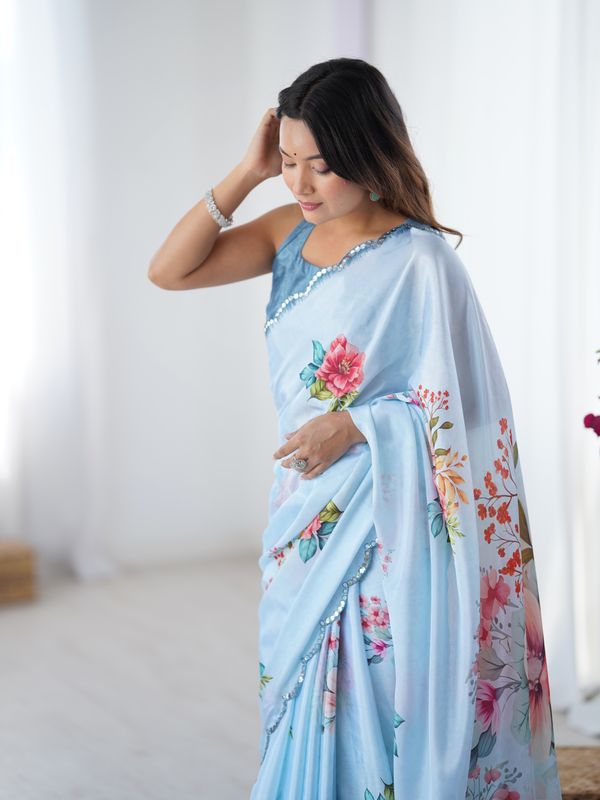 Sky Blue Party Wear Chinnon Saree With Mirror Border