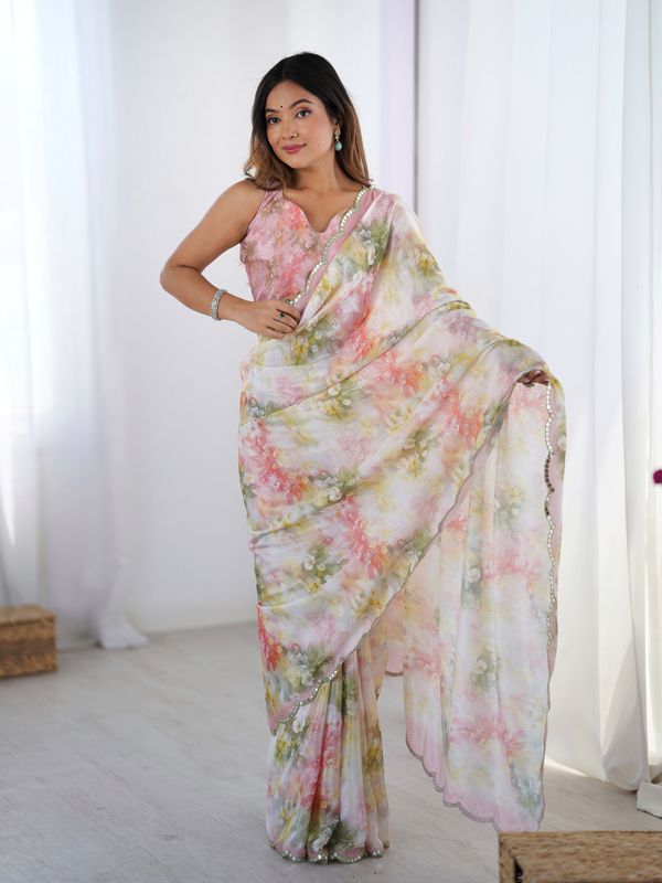 Designer Pastel Chinnon Saree With Floral Print