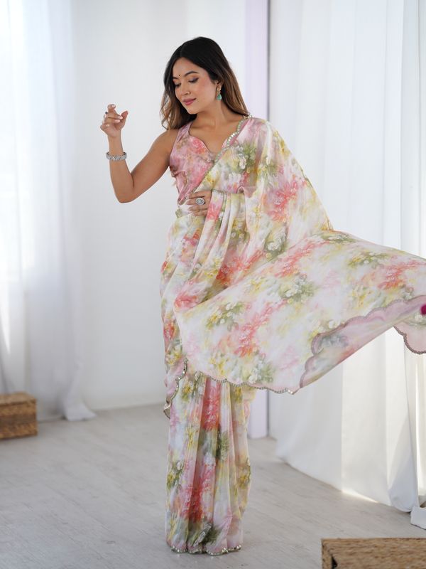 Designer Pastel Chinnon Saree with Floral Print