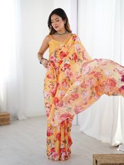 Mustard Yellow Party Wear Chinnon Saree for Women - Mustard