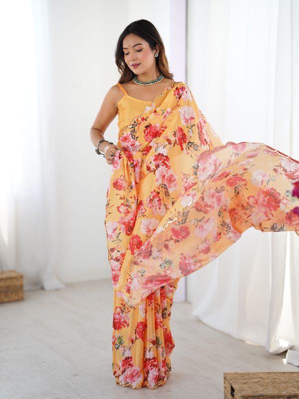 Mustard Yellow Party Wear Chinnon Saree For Women