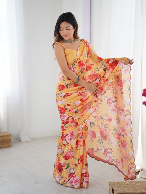 Mustard Yellow Party Wear Chinnon Saree For Women