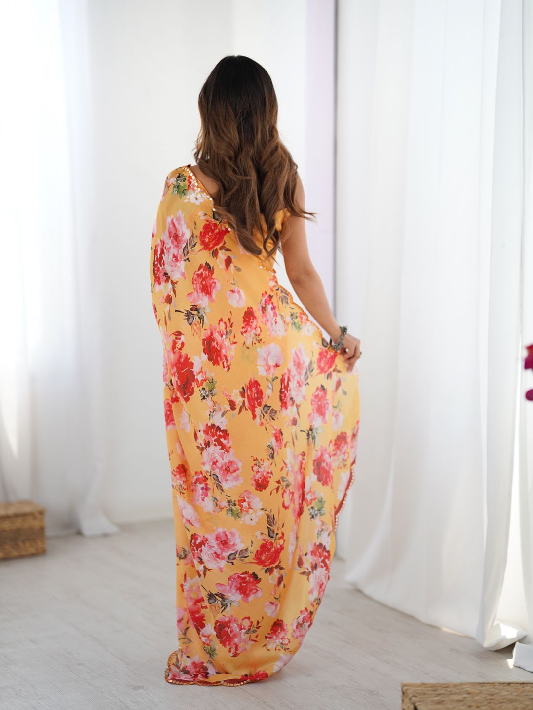 Mustard Yellow Party Wear Chinnon Saree for Women