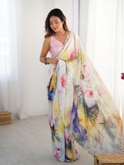Ivory Bloom Heavy Chinnon Party Wear Saree - Ivory