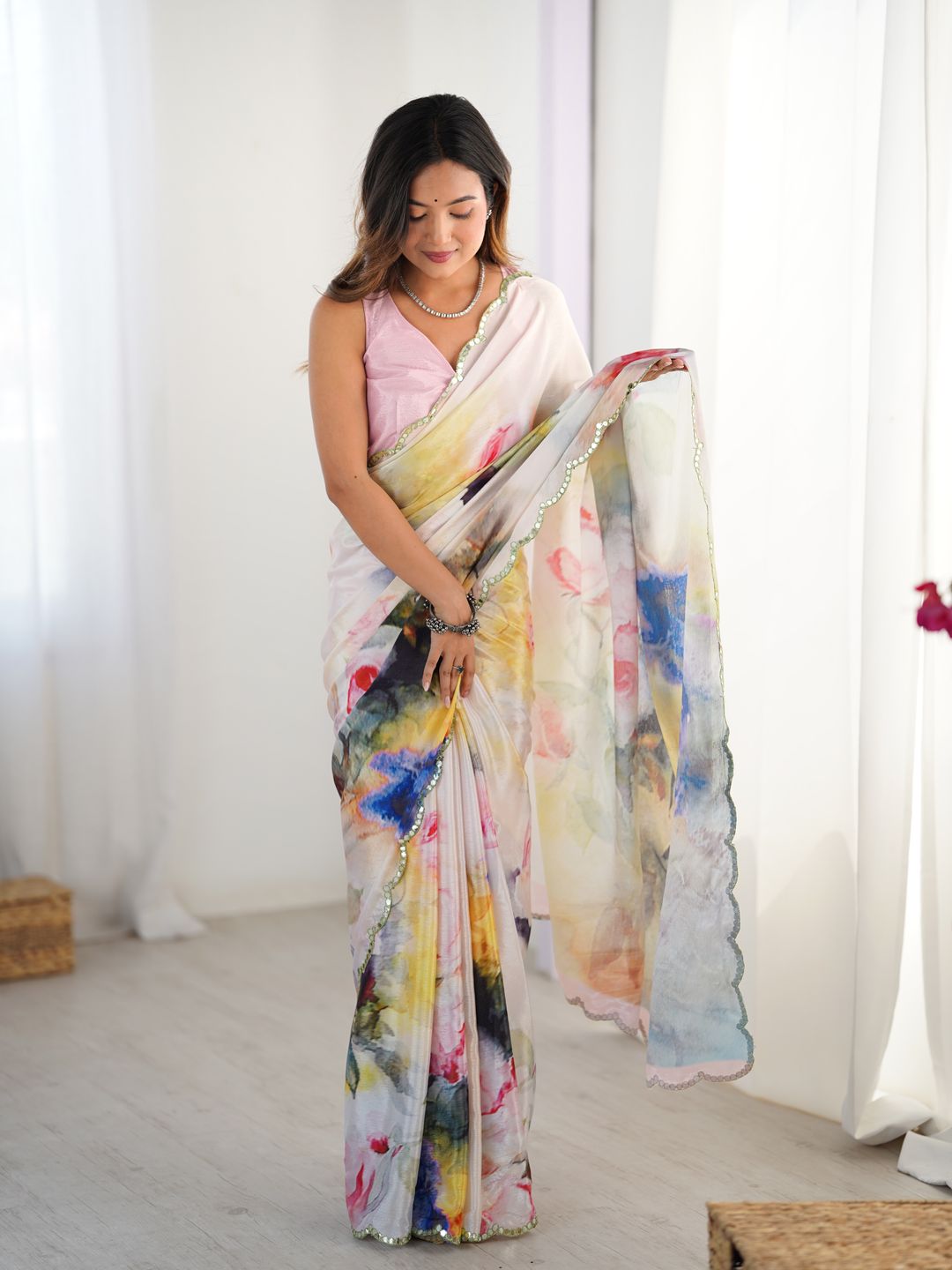 Ivory Bloom Heavy Chinnon Party Wear Saree