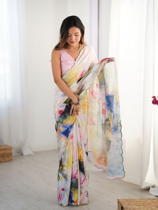 Ivory Bloom Heavy Chinnon Party Wear Saree