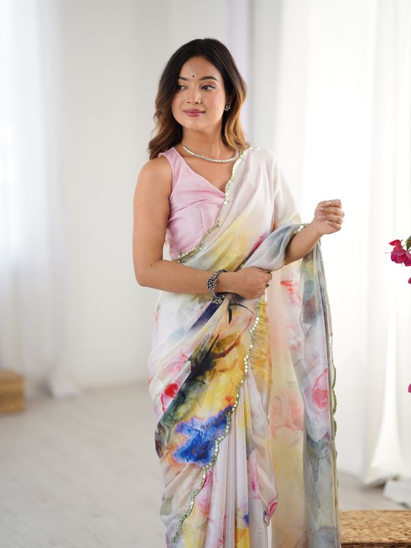 Ivory Bloom Heavy Chinnon Party Wear Saree