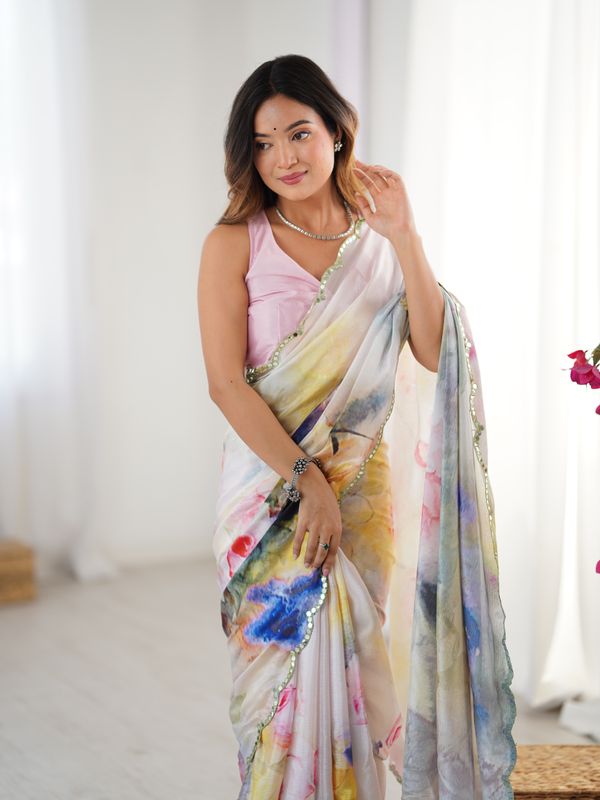 Ivory Bloom Heavy Chinnon Party Wear Saree