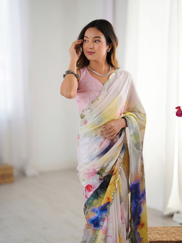 Ivory Bloom Heavy Chinnon Party Wear Saree