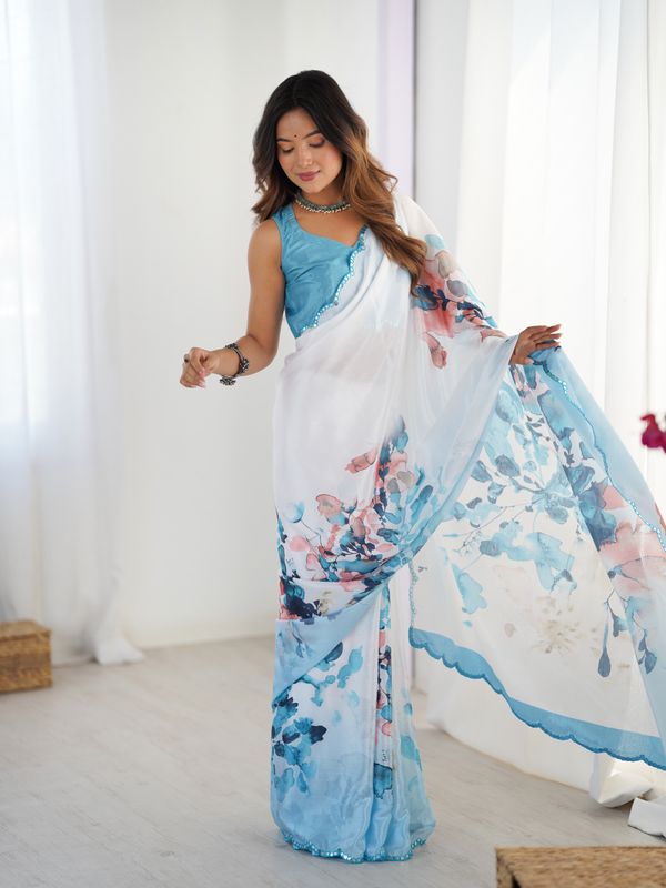Sky Blue Floral Designer Heavy Chinnon Saree
