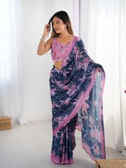 Navy Blue Bloom Heavy Chinnon Party Wear Saree - Navy