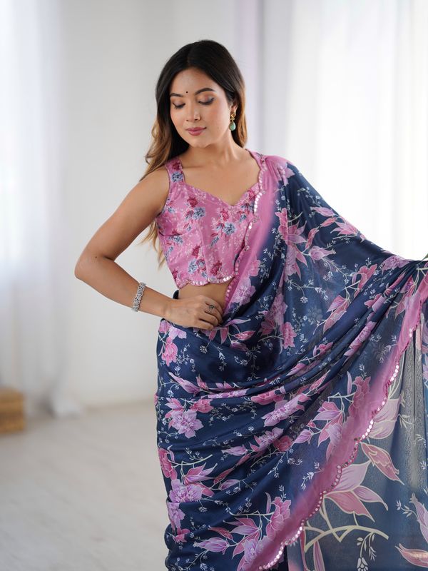 Navy Blue Bloom Heavy Chinnon Party Wear Saree