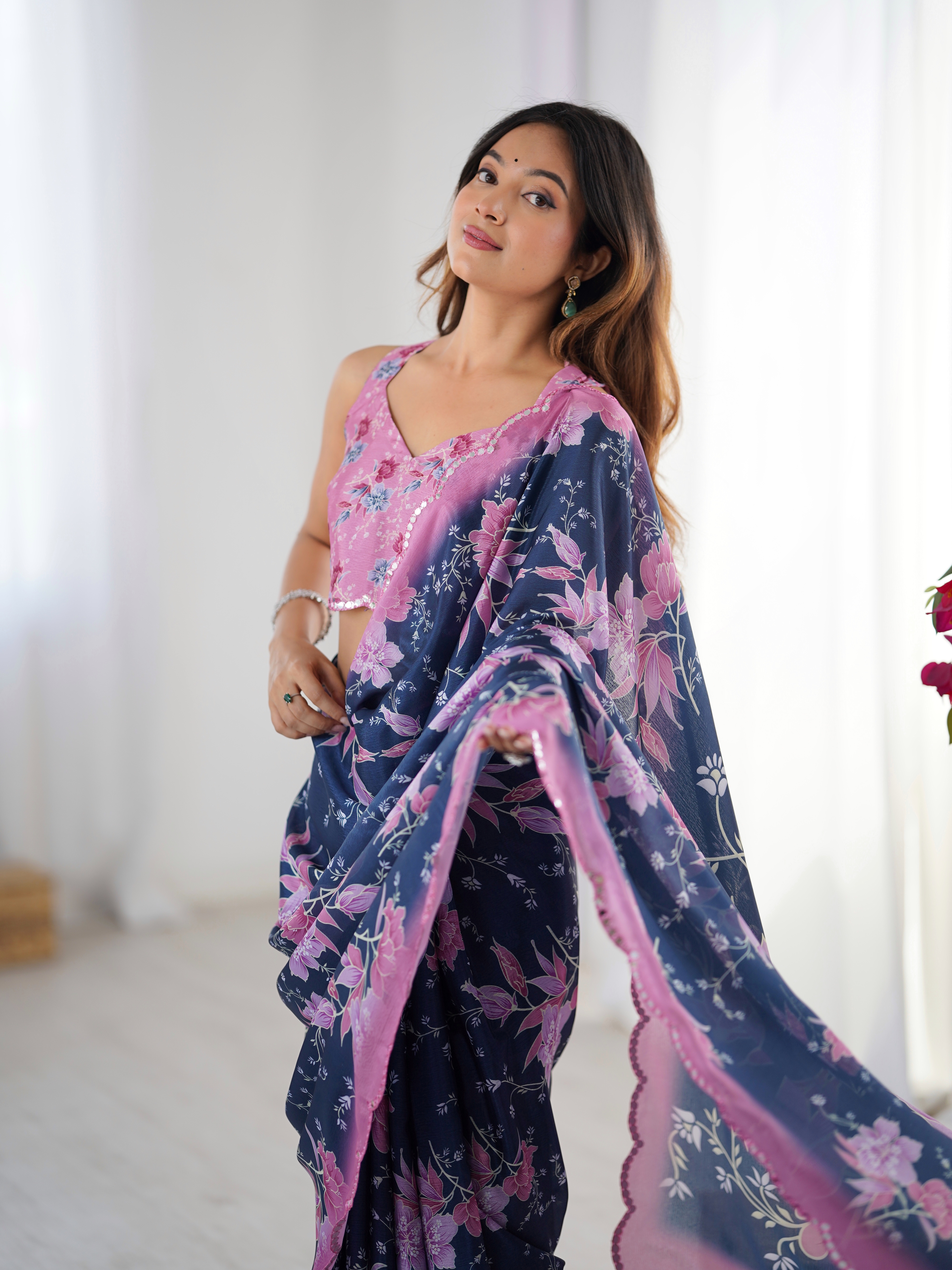 Navy Blue Bloom Heavy Chinnon Party Wear Saree