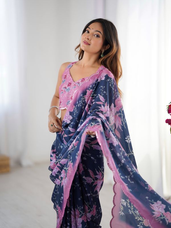 Navy Blue Bloom Heavy Chinnon Party Wear Saree