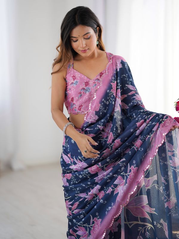 Navy Blue Bloom Heavy Chinnon Party Wear Saree