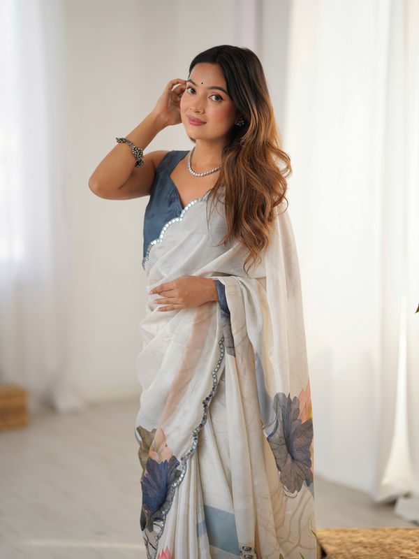 Ivory Bloom Heavy Chinnon Saree With Kutchi Mirror Lace