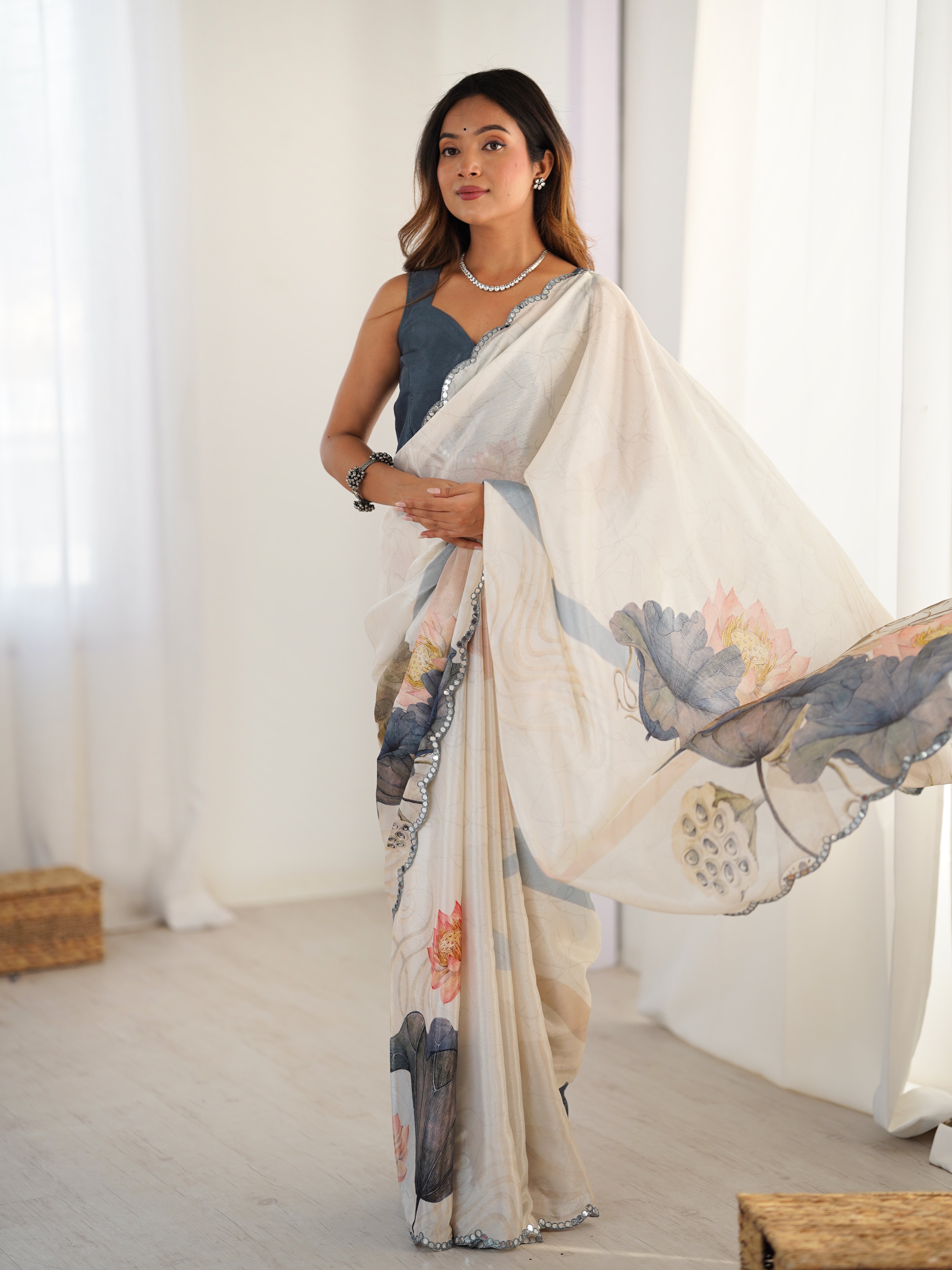 Ivory Bloom Heavy Chinnon Saree with Kutchi Mirror Lace