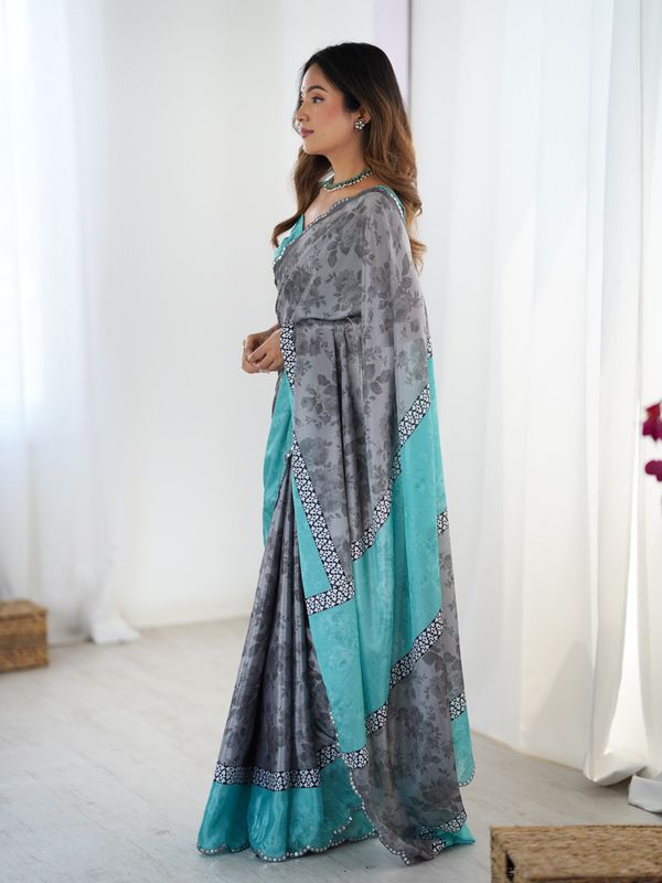 Grey Floral Heavy Chinnon Saree With Kutchi Mirror Lace