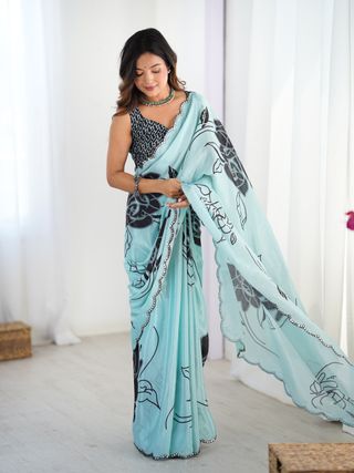 Elegant Mint Green Saree with Kutchi Mirror Lace