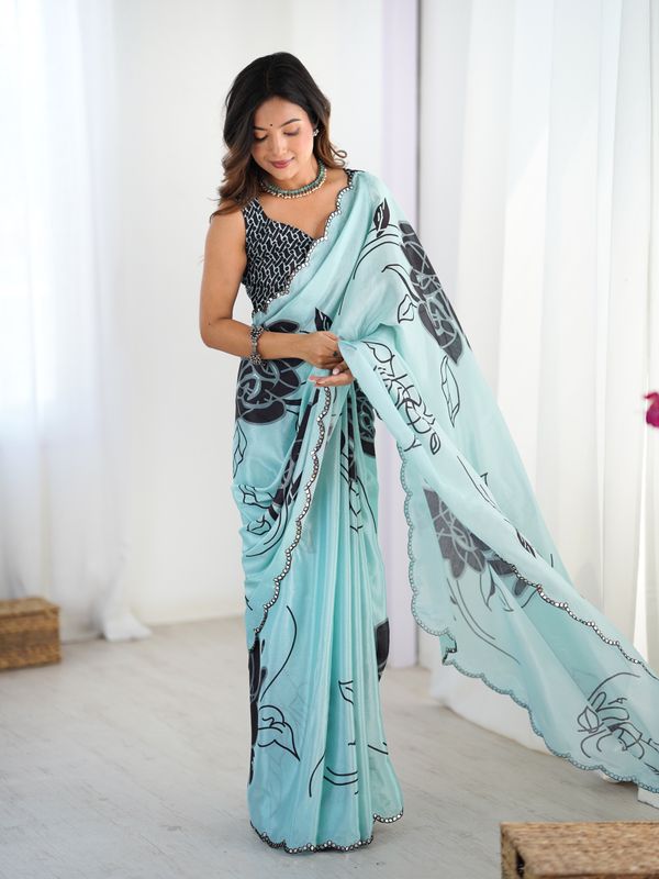 Elegant Mint Green Saree With Kutchi Mirror Lace