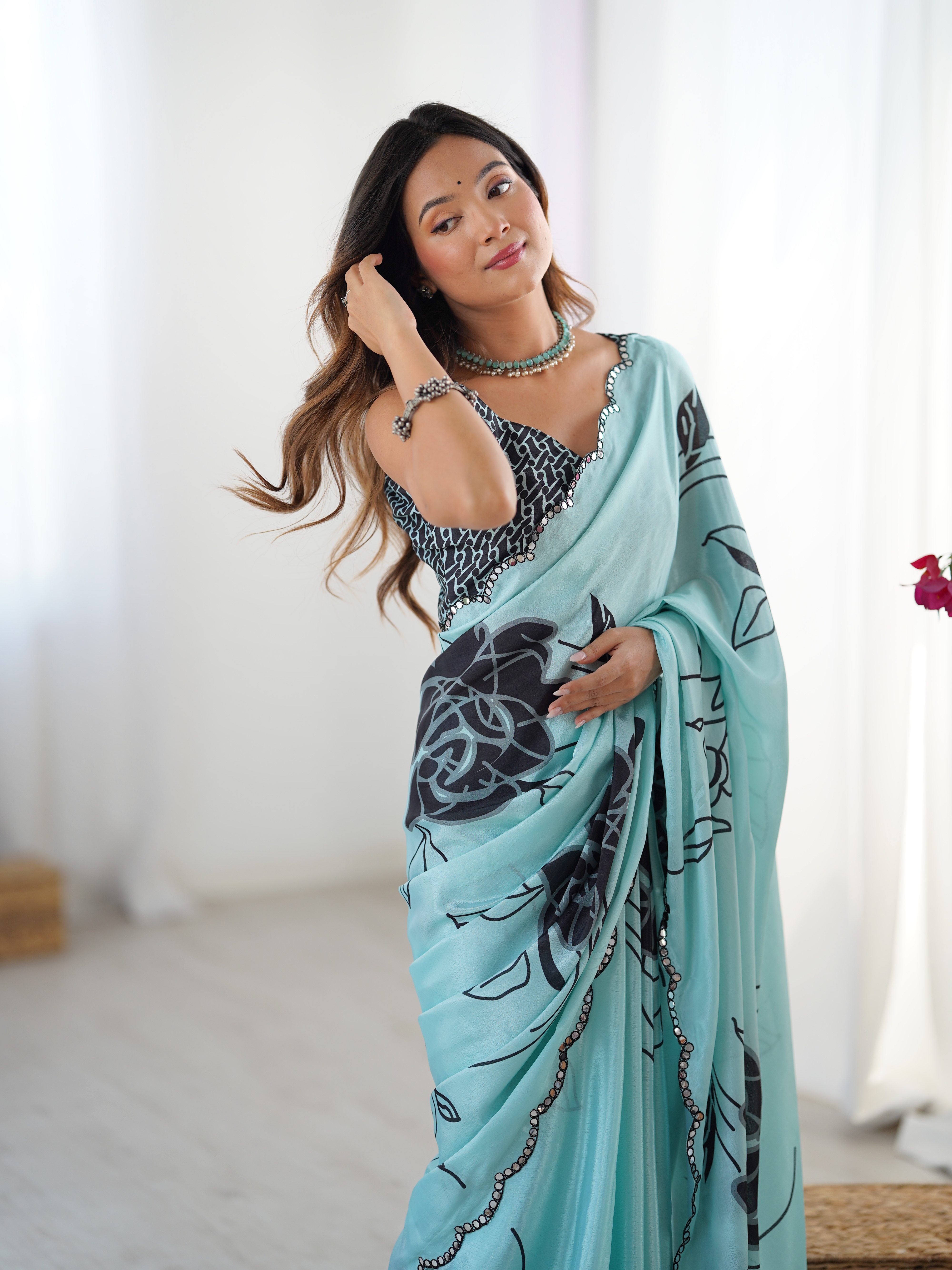 Elegant Mint Green Saree with Kutchi Mirror Lace