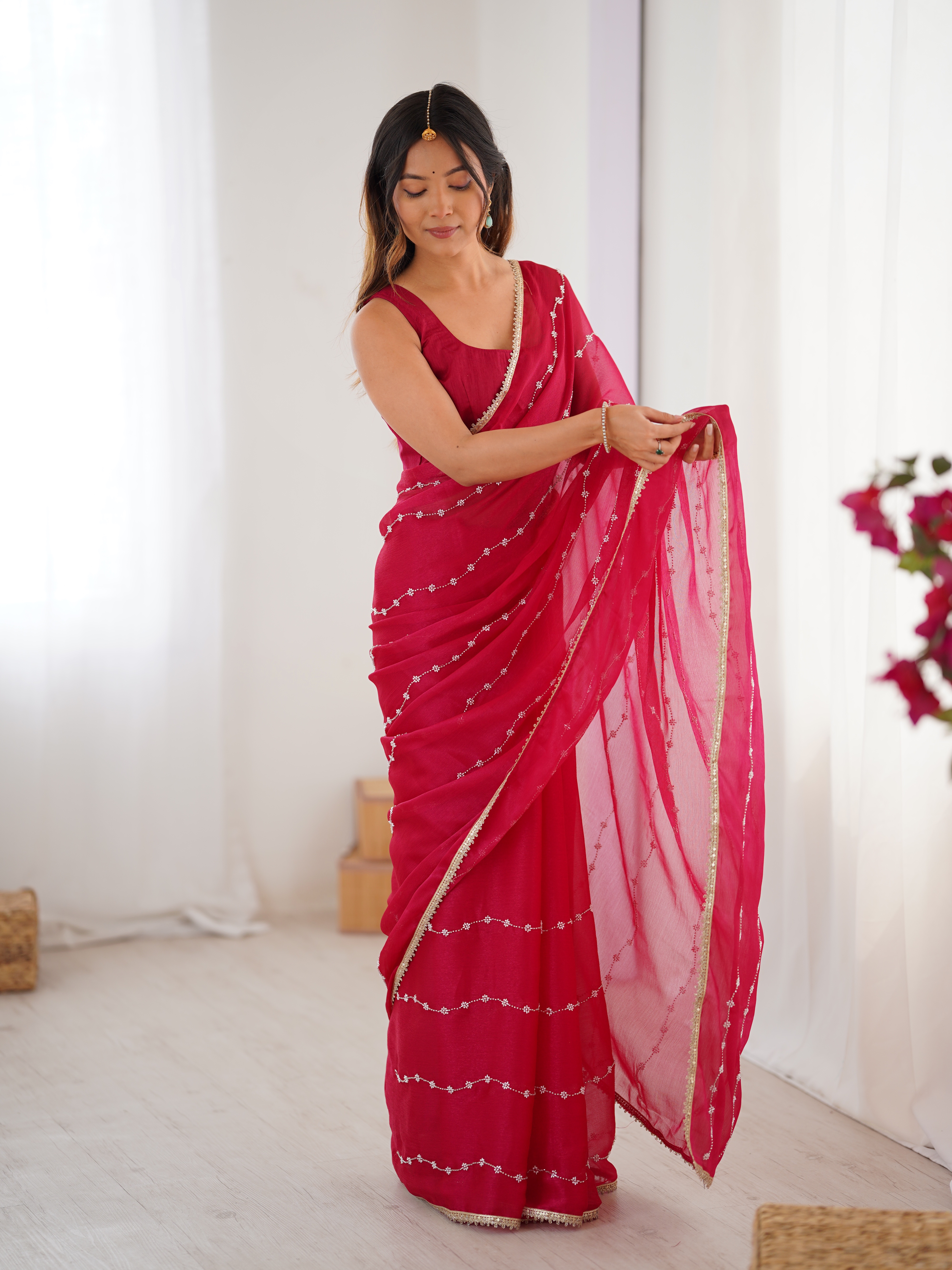 Rani Pink Heavy Smooth Sitara Saree with Sequin Embroidery