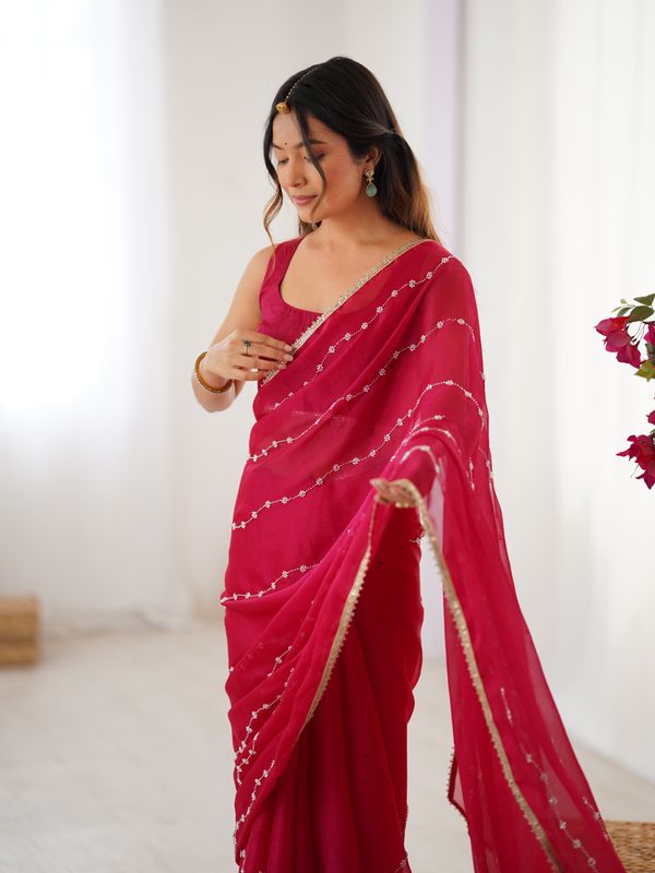 Rani Pink Heavy Smooth Sitara Saree With Sequin Embroidery