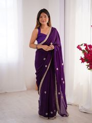 Purple Wedding Wear Embroidered Saree - Purple
