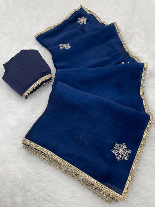 Premium Navy Blue Fancy Saree With Blouse