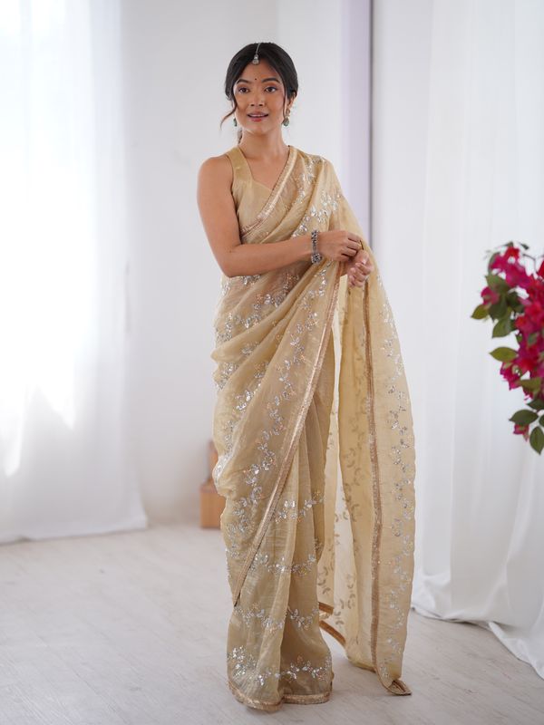 Golden Glow Gold Crush Embroidered Party Wear Saree For Women
