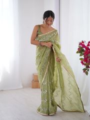 Premium Gold Crush Embroidered Party Wear Saree for Women - Olive